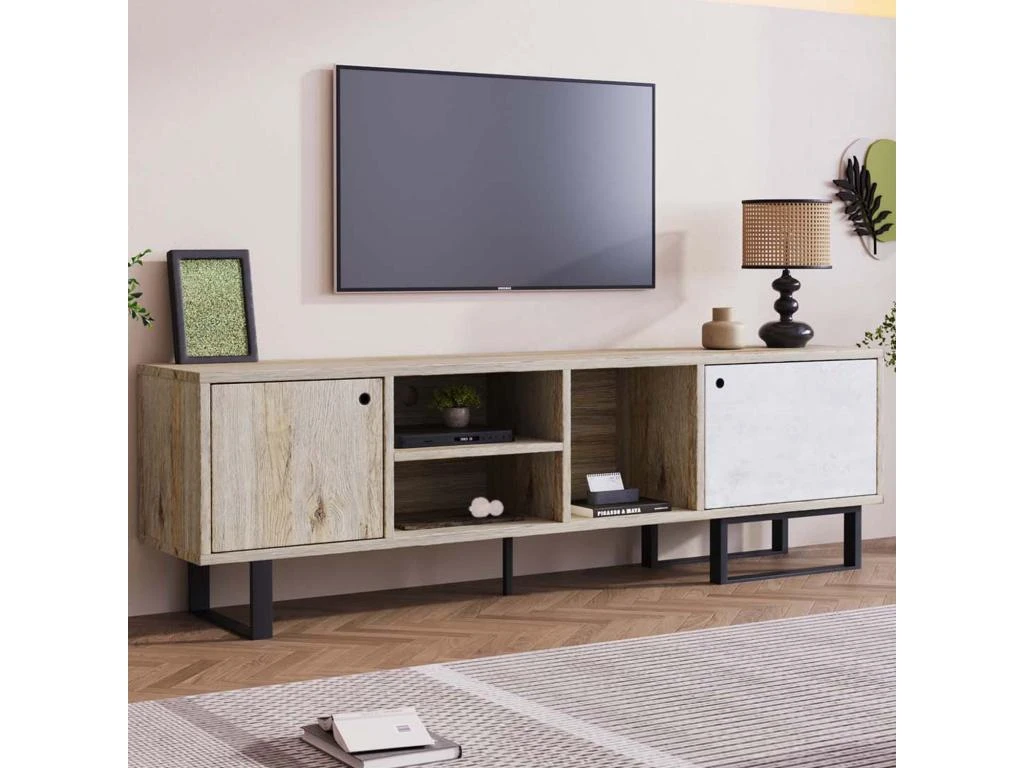 Meuble TV 160cm Avec 2 Portes Et 3 Compartiments Pour Chambre Ou Salon - Bois Rétro - Naturel