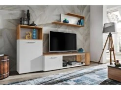 Ensemble De 3 Meubles Design Pour Votre Salon Collection MOZES. Coloris Blanc Et Chêne