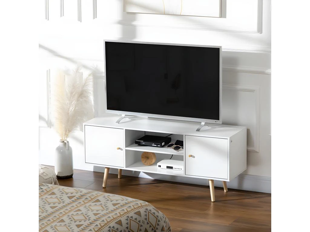 Meuble Tv CORFOU Blanc Et Bois – Image 2