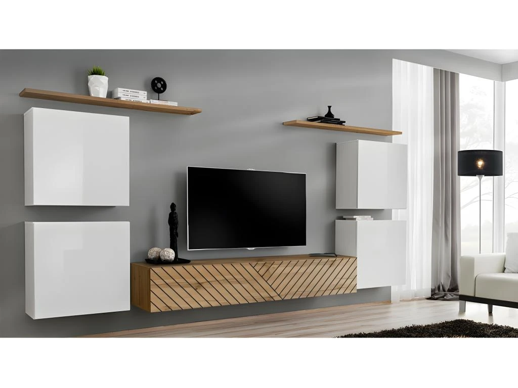 Ensemble De Meubles Design De Salon SWITCH IV. Coloris Blanc Et Chêne. Finitions Chêne Fraisé Et Blanc Brillant .