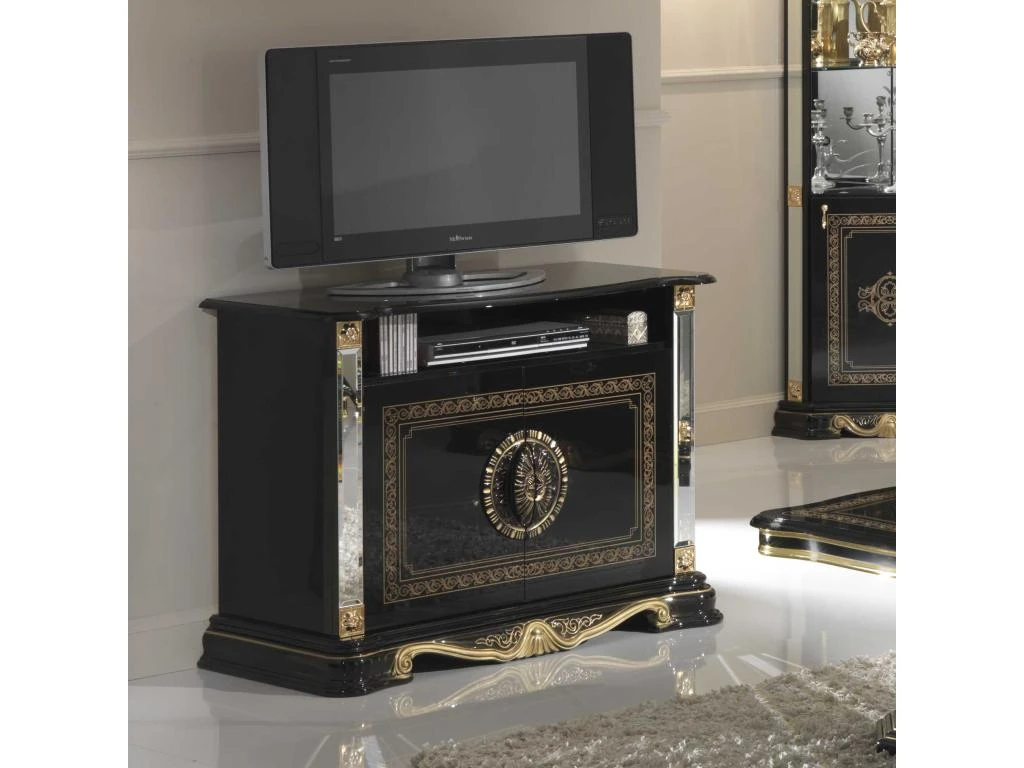 Meuble TV 2 Portes 1 Niche Noir/Or - ADELE - L 106 X L 48 X H 78 Cm