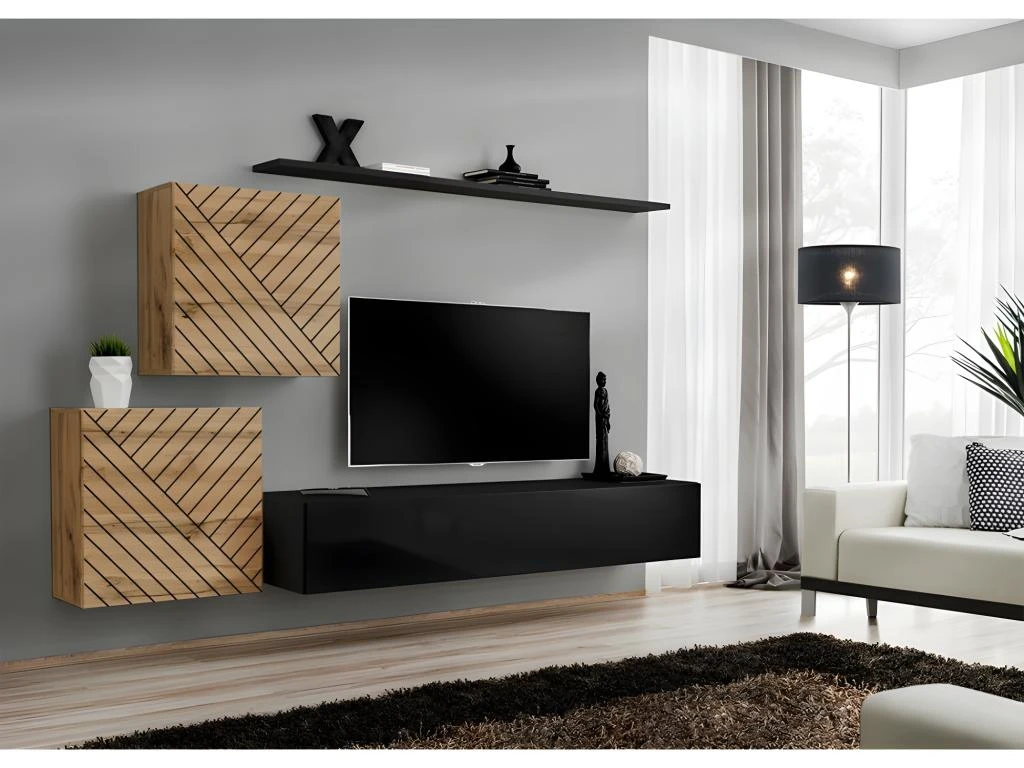Ensemble De Meubles Design De Salon SWITCH V, Coloris Chêne Et Noir Finitions Chêne Fraisé Et Noir Brillant.