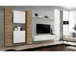 Ensemble De Meubles Design De Salon SWITCH VI. Coloris Chêne Et Blanc Finition Chêne Effet Fraisé Et Blanches Brillantes.