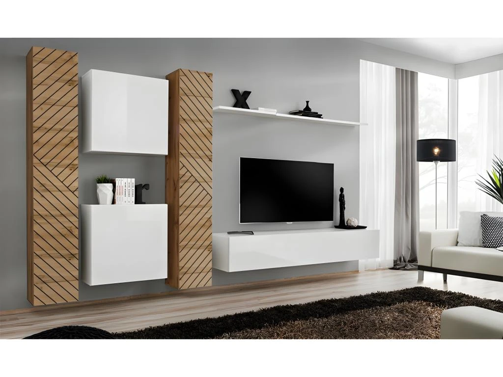 Ensemble De Meubles Design De Salon SWITCH VI. Coloris Chêne Et Blanc Finition Chêne Effet Fraisé Et Blanches Brillantes.