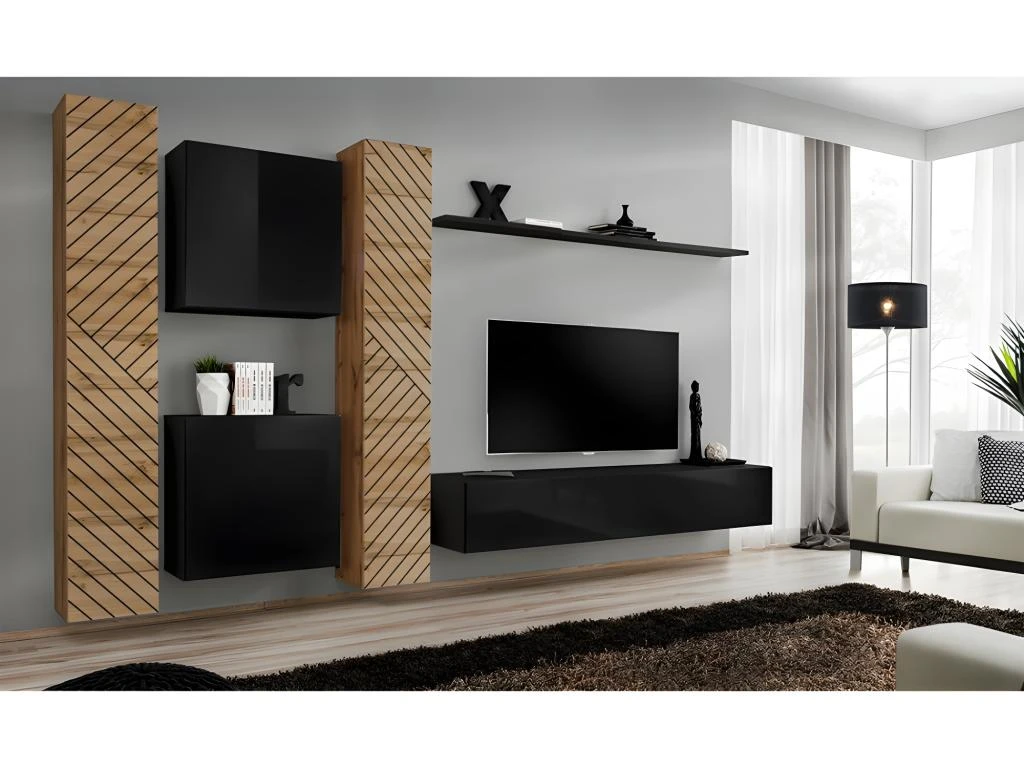Ensemble De Meubles Design De Salon SWITCH VI. Coloris Chêne Et Noir Finition Chêne Effet Fraisé Et Noires Brillantes.