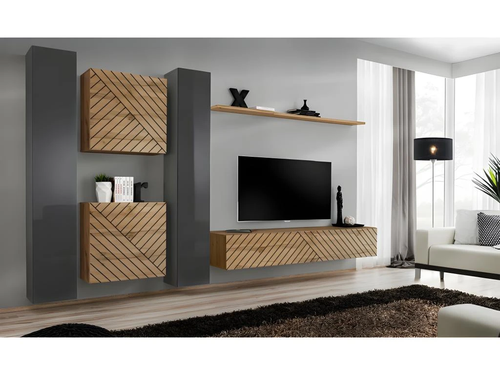 Ensemble De Meubles Design De Salon SWITCH VI. Coloris Gris Et Chêne Finition Gris Brillant Et Chêne Effet Fraisé.