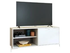 Meuble TV Bar 60 Pouces Blanc 1 Porte 4 Niches Pieds Métal Ronds