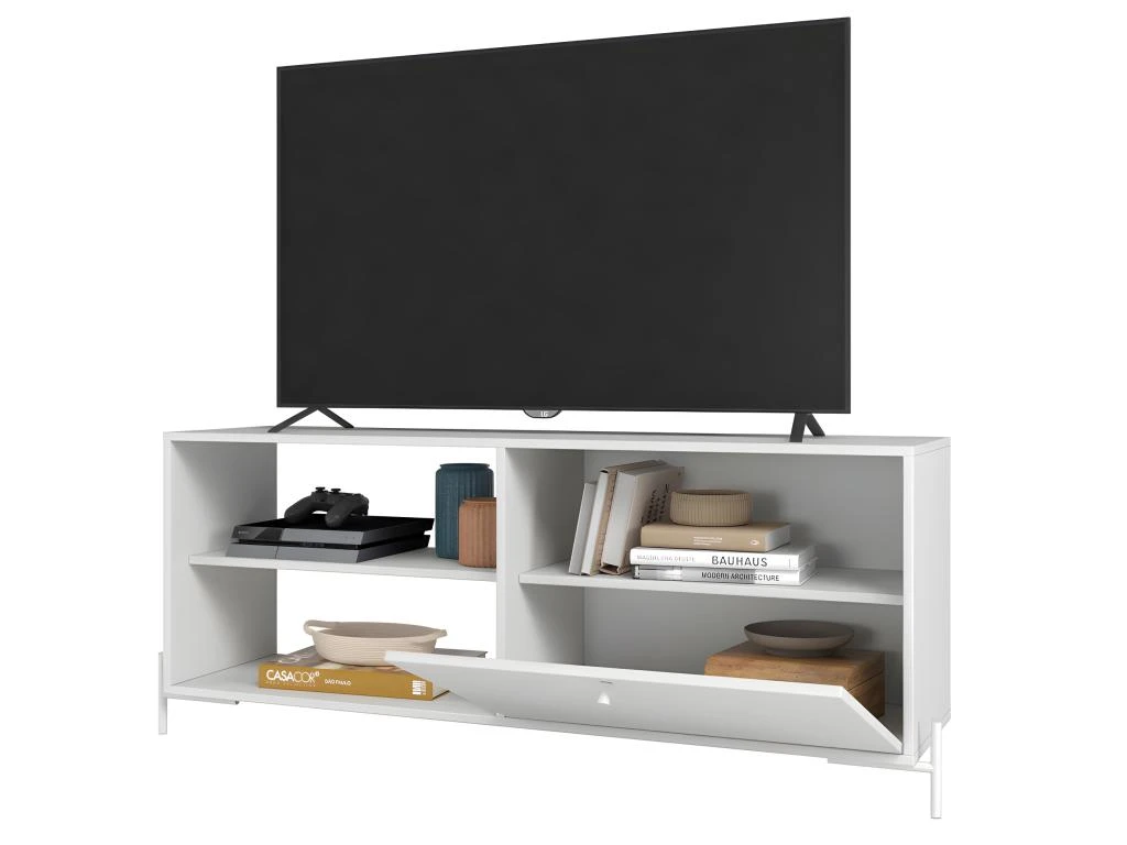 Meuble TV Bar 60 Pouces Blanc 1 Porte 4 Niches Pieds Métal Ronds – Image 2