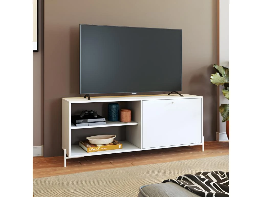 Meuble TV Bar 60 Pouces Blanc 1 Porte 4 Niches Pieds Métal Ronds – Image 3