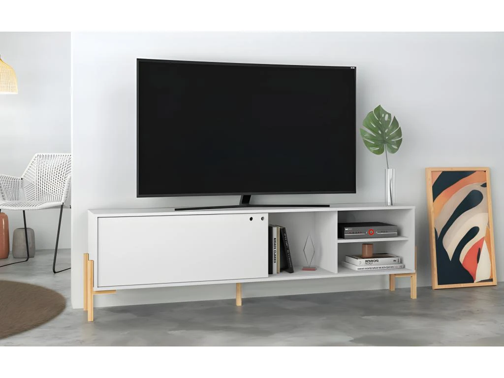 Meuble TV 80 Pouces Blanc 1 Porte Coulissante 4 Niches – Image 2