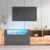 Meuble TV 190 Cm - Avec LED Et Espace D'exposition En Verre - Style Campagnard - Gris & Naturel