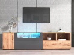 Meuble TV 190 Cm - Avec LED Et Espace D'exposition En Verre - Style Campagnard - Gris & Naturel