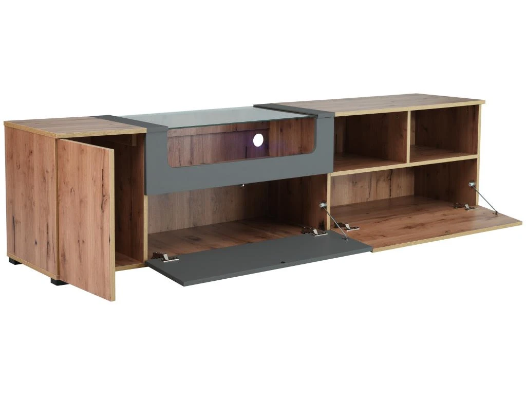 Meuble TV 190 Cm - Avec LED Et Espace D'exposition En Verre - Style Campagnard - Gris & Naturel – Image 3