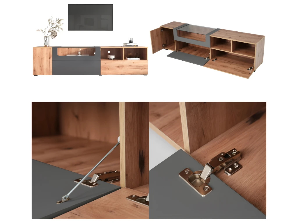 Meuble TV 190 Cm - Avec LED Et Espace D'exposition En Verre - Style Campagnard - Gris & Naturel – Image 4