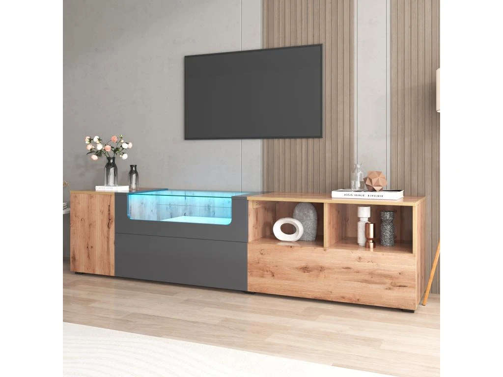 Meuble TV 190 Cm - Avec LED Et Espace D'exposition En Verre - Style Campagnard - Gris & Naturel – Image 7