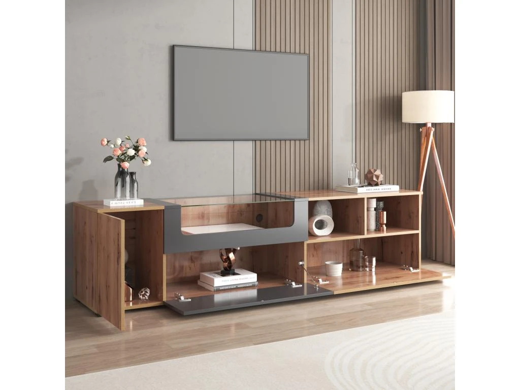 Meuble TV 190 Cm - Avec LED Et Espace D'exposition En Verre - Style Campagnard - Gris & Naturel – Image 10