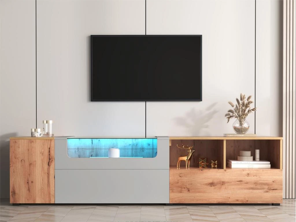 Meuble TV 190 Cm - Avec LED Et Espace D'exposition En Verre - Style Campagnard - Gris Clair & Naturel