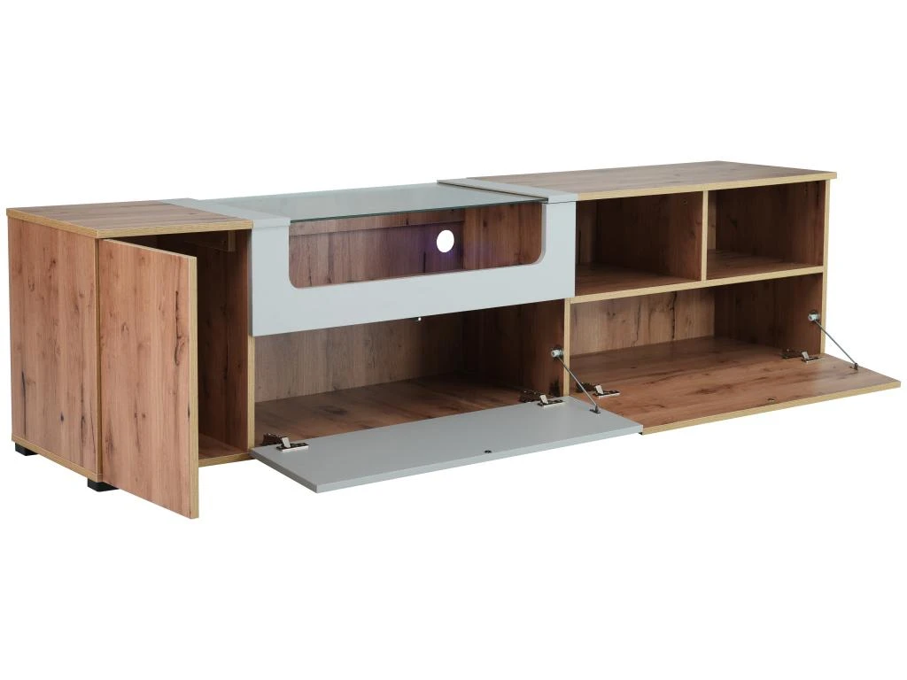 Meuble TV 190 Cm - Avec LED Et Espace D'exposition En Verre - Style Campagnard - Gris Clair & Naturel – Image 3