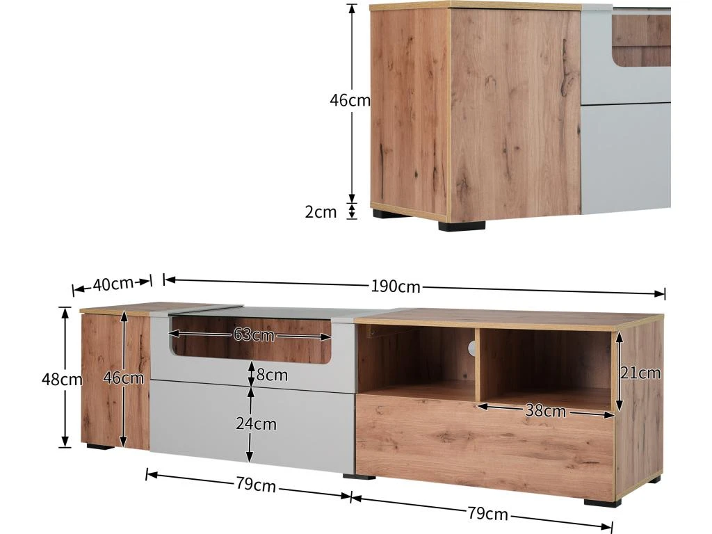 Meuble TV 190 Cm - Avec LED Et Espace D'exposition En Verre - Style Campagnard - Gris Clair & Naturel – Image 5