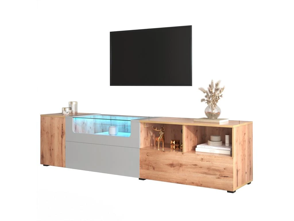Meuble TV 190 Cm - Avec LED Et Espace D'exposition En Verre - Style Campagnard - Gris Clair & Naturel – Image 6