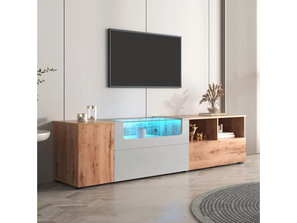 Meuble TV 190 Cm - Avec LED Et Espace D'exposition En Verre - Style Campagnard - Gris Clair & Naturel – Image 7