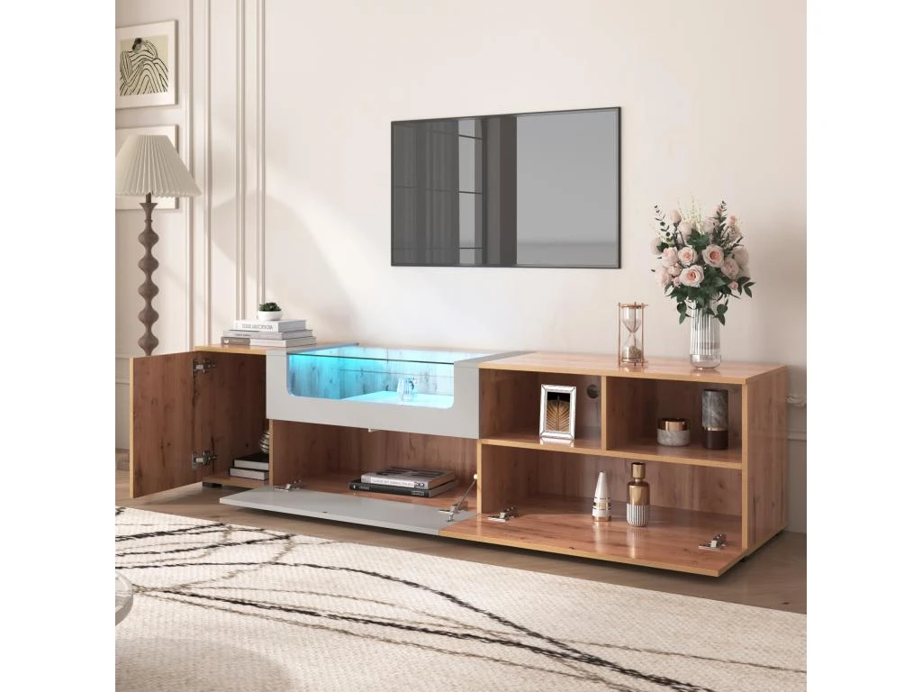 Meuble TV 190 Cm - Avec LED Et Espace D'exposition En Verre - Style Campagnard - Gris Clair & Naturel – Image 9