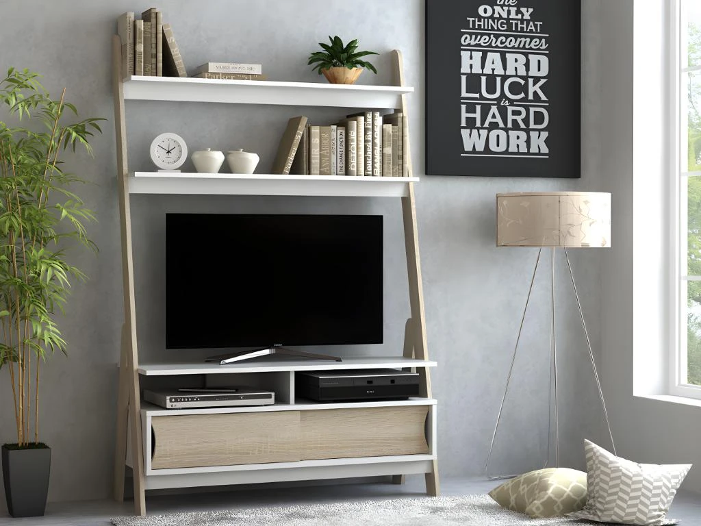 Meuble TV à étagères ESKALI - 2 Portes - Blanc & Chêne