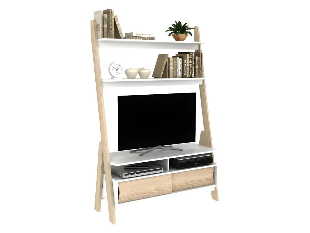 Meuble TV à étagères ESKALI - 2 Portes - Blanc & Chêne – Image 2