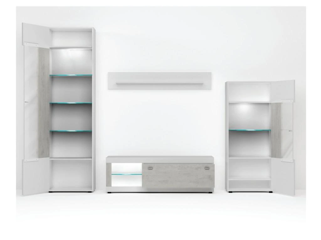 Mur TV COURTNEY Avec Rangements - LEDs - Blanc Avec Portes Aspect Béton – Image 2