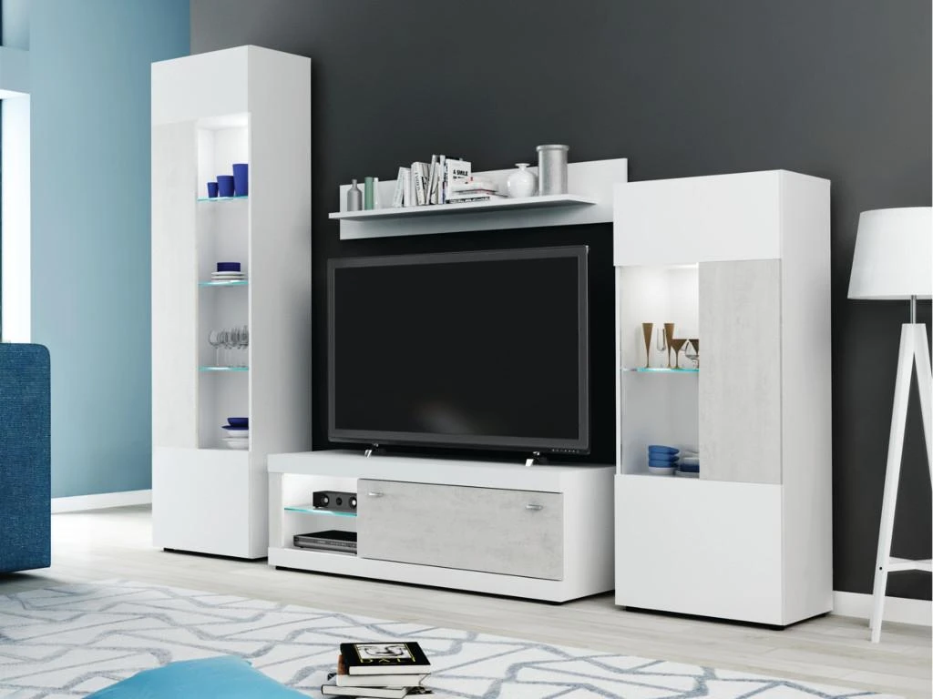 Mur TV COURTNEY Avec Rangements - LEDs - Blanc Avec Portes Aspect Béton