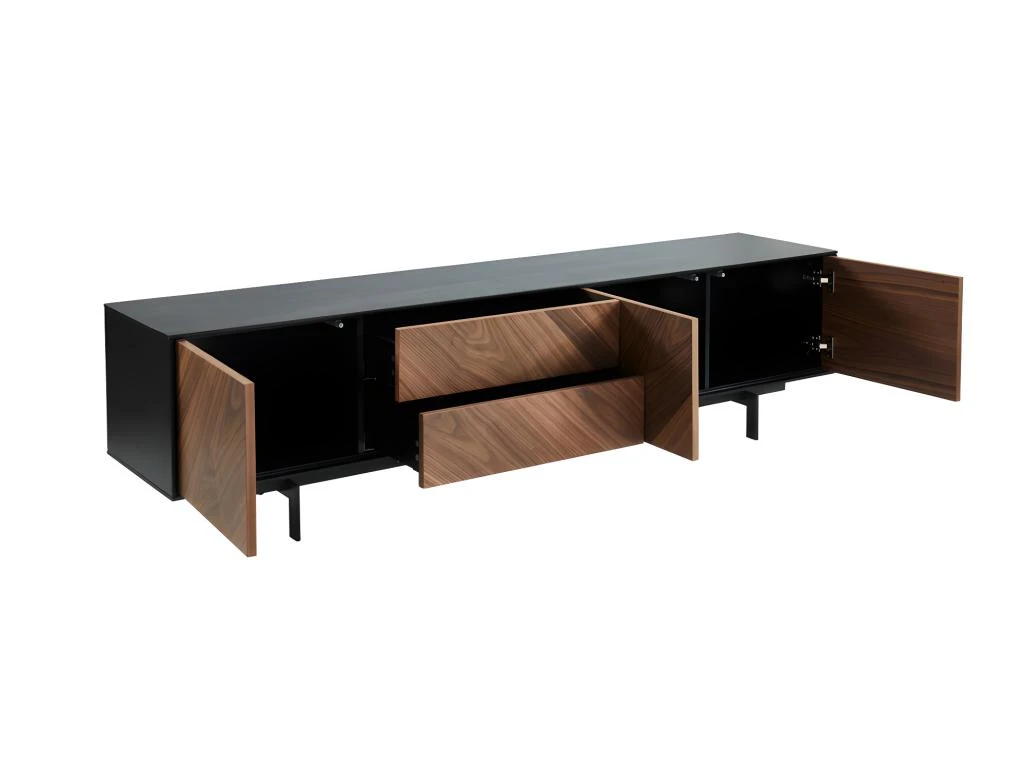 Meuble TV ISMAEL - 3 Portes & 2 Tiroirs - MDF Placage Noyer Et Métal Noir – Image 3