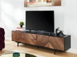 Meuble TV ISMAEL - 3 Portes & 2 Tiroirs - MDF Placage Noyer Et Métal Noir