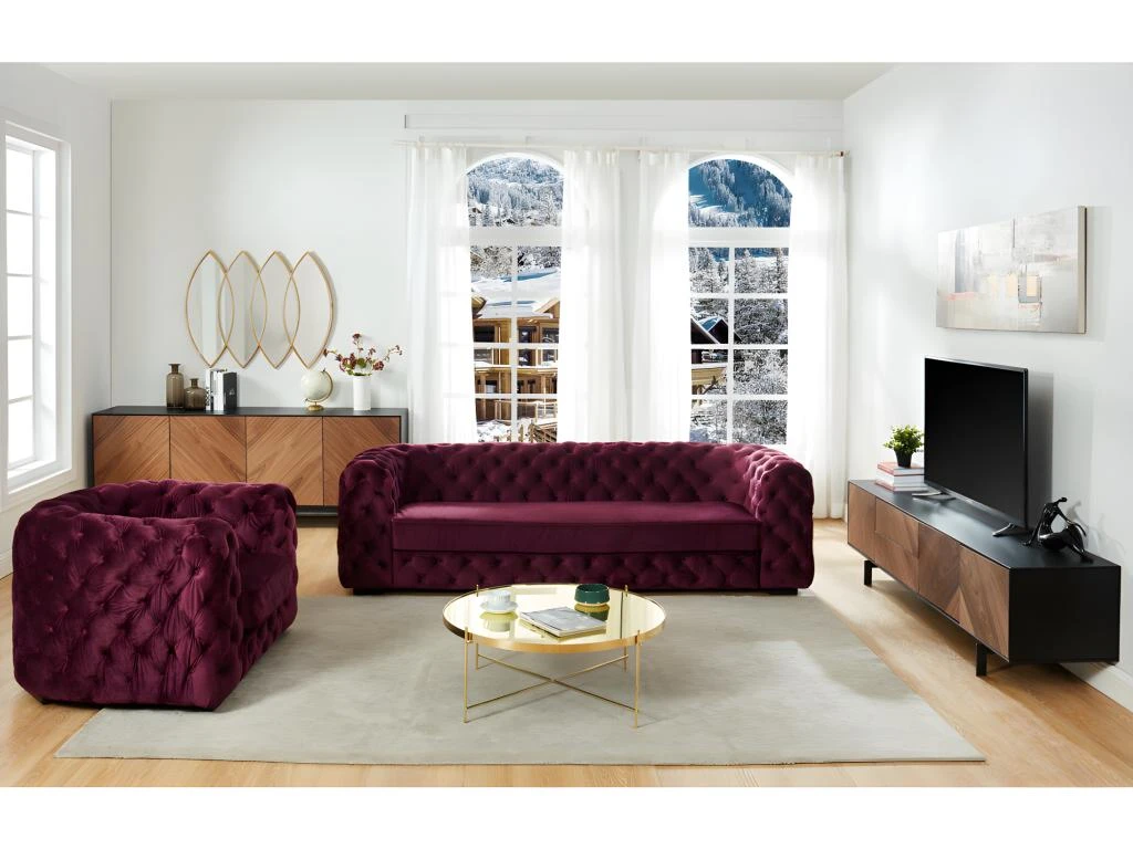 Meuble TV ISMAEL - 3 Portes & 2 Tiroirs - MDF Placage Noyer Et Métal Noir – Image 5