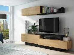 Mur TV MONTY Avec Rangements - Coloris Chêne & Anthracite