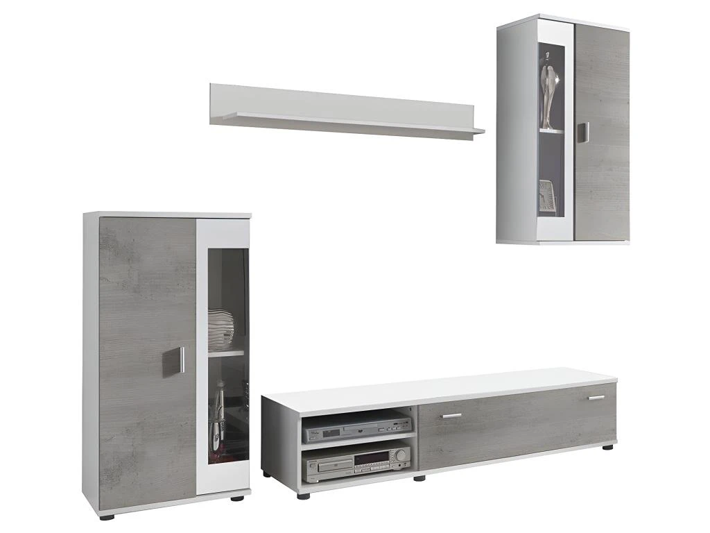 Mur TV DYLAN Avec Rangements - LEDs - Coloris : Blanc Et Béton – Image 2