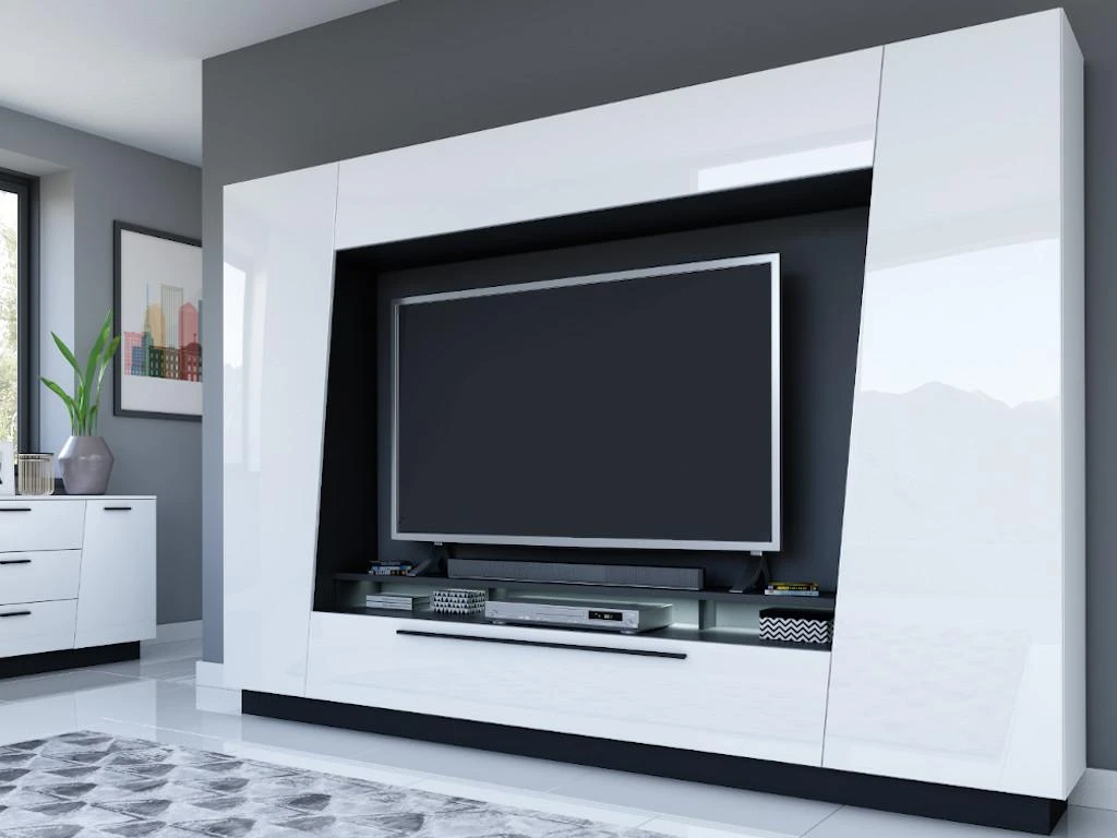 Mur TV CHACE Avec Rangements - LEDs - MDF Laqué Blanc