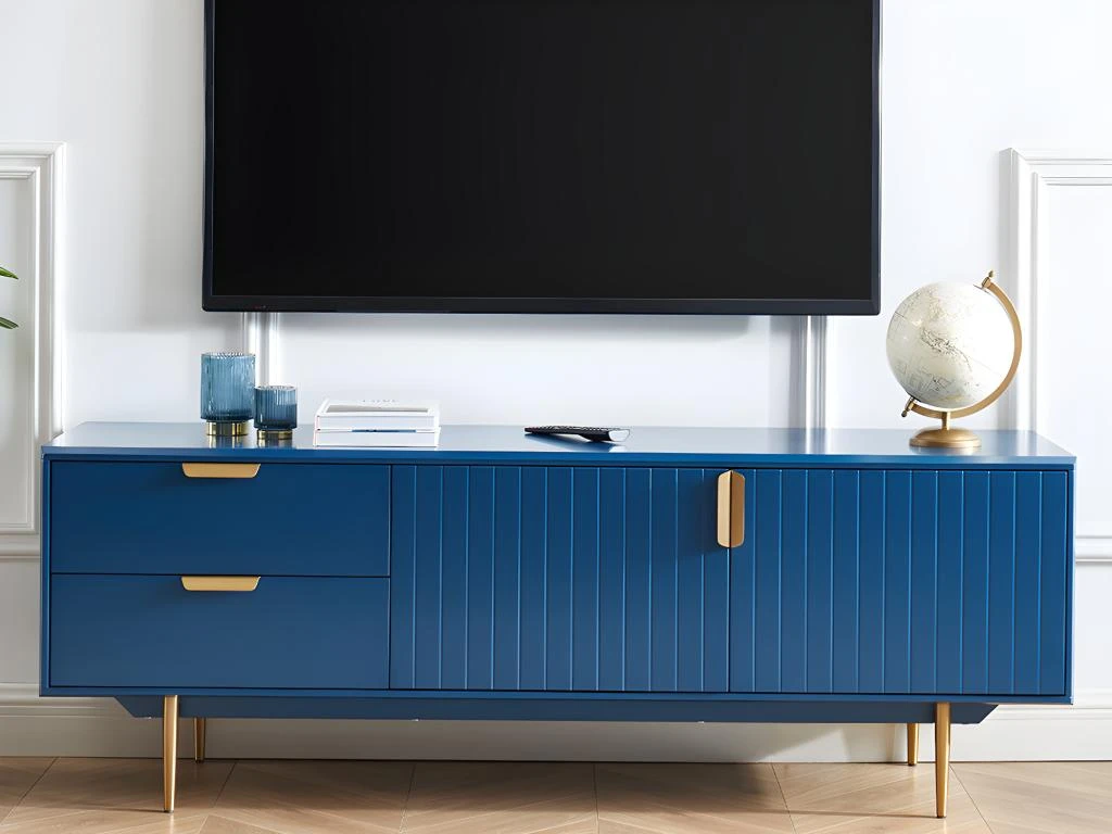 Meuble TV - 2 Portes Et 2 Tiroirs - MDF Et Métal - Bleu Et Doré - LIKANA – Image 2