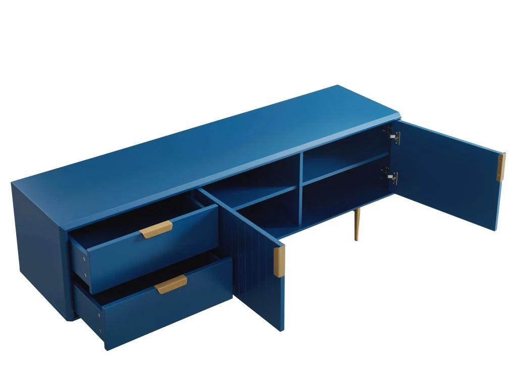 Meuble TV - 2 Portes Et 2 Tiroirs - MDF Et Métal - Bleu Et Doré - LIKANA – Image 6