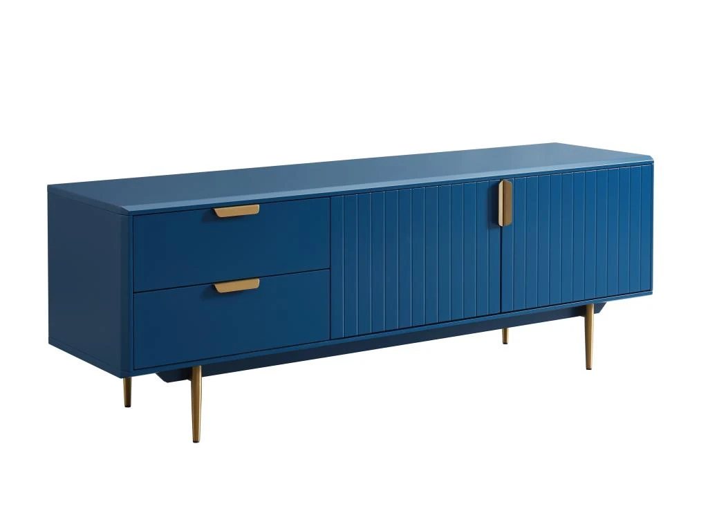 Meuble TV - 2 Portes Et 2 Tiroirs - MDF Et Métal - Bleu Et Doré - LIKANA – Image 3