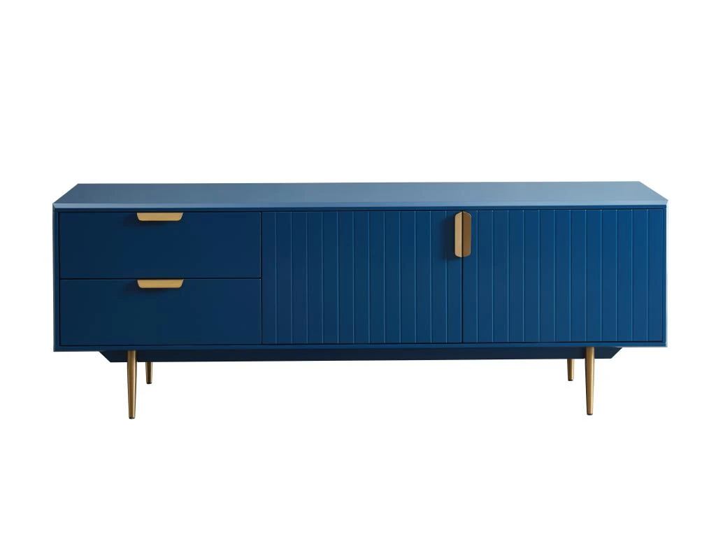 Meuble TV - 2 Portes Et 2 Tiroirs - MDF Et Métal - Bleu Et Doré - LIKANA – Image 4