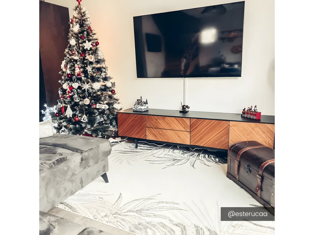 Meuble TV ISMAEL - 3 Portes & 2 Tiroirs - MDF Placage Noyer Et Métal Noir – Image 6