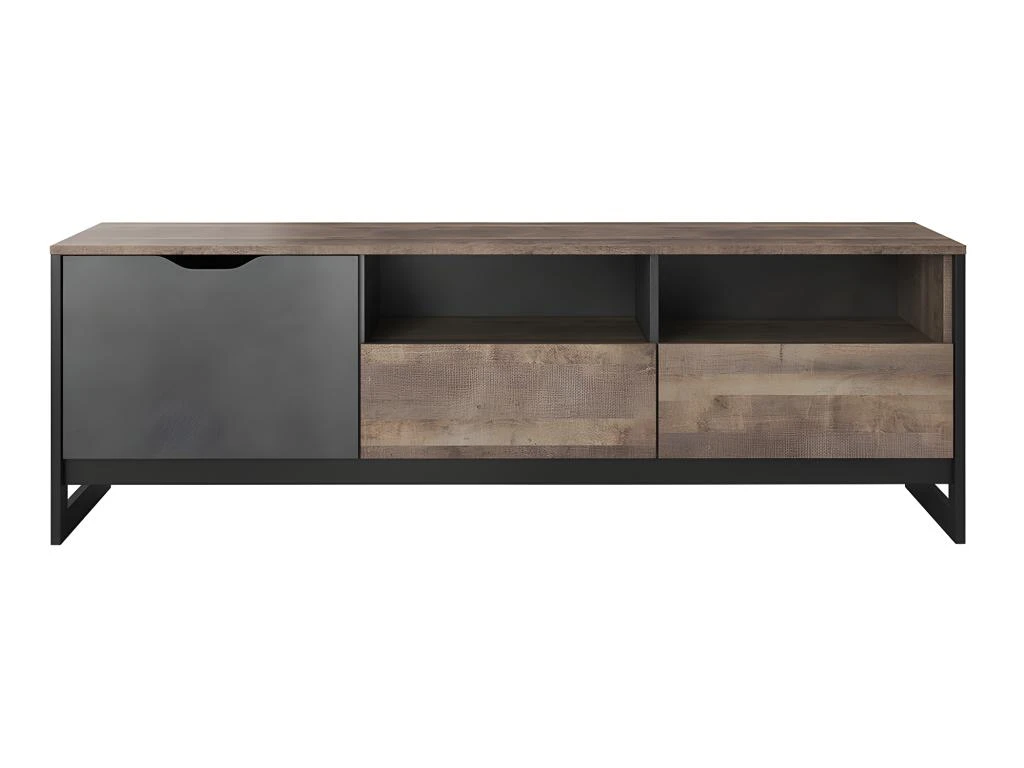 Meuble TV LAONILE - 1 Porte, 2 Tiroir Et 2 Niches - Noyer Et Anthracite – Image 3