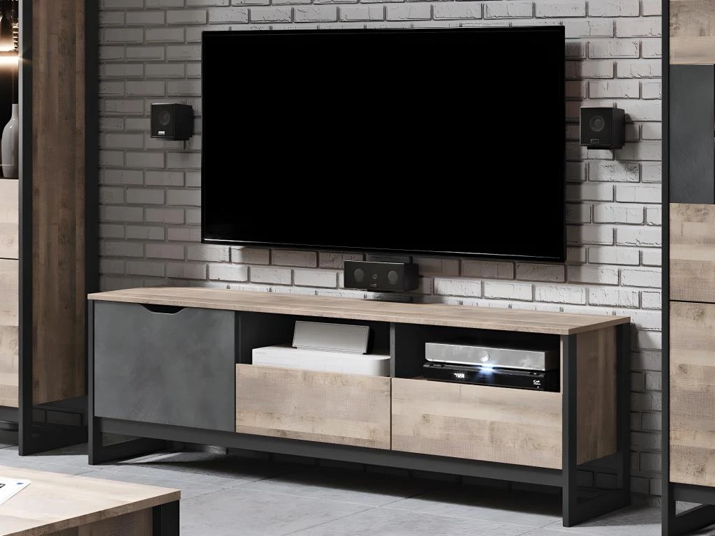 Meuble TV LAONILE - 1 Porte, 2 Tiroir Et 2 Niches - Noyer Et Anthracite – Image 2