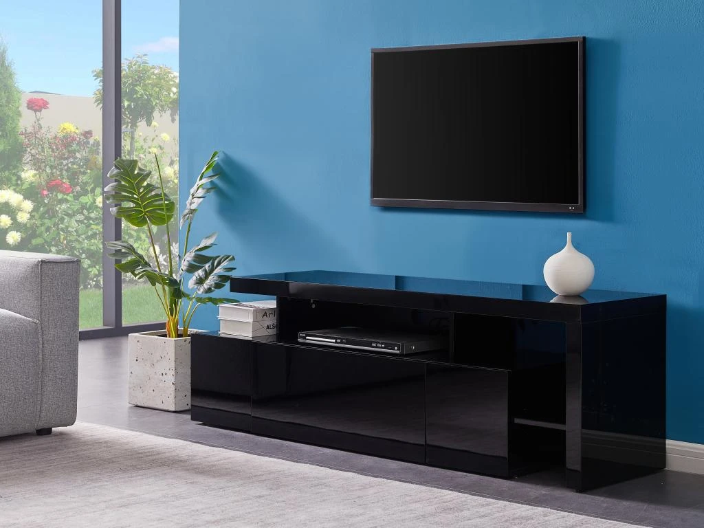 Meuble TV Avec 3 Portes Et 2 Niches - Avec Leds - MDF Laqué - Noir - BANON – Image 5