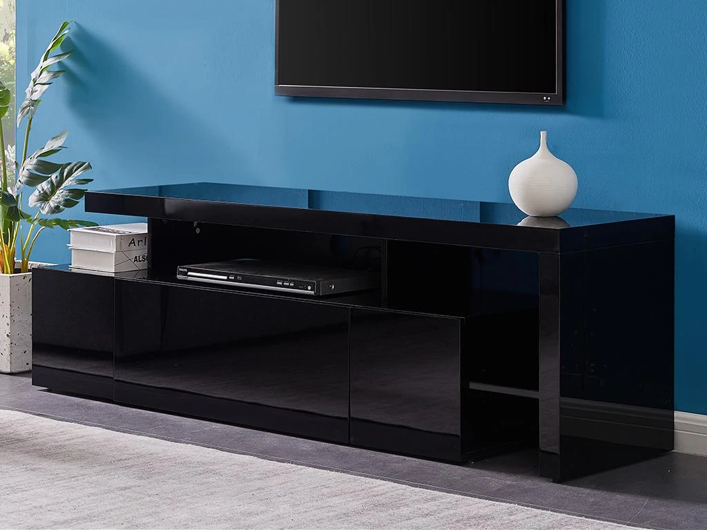 Meuble TV Avec 3 Portes Et 2 Niches - Avec Leds - MDF Laqué - Noir - BANON – Image 4