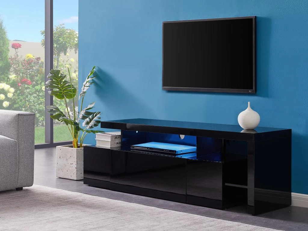 Meuble TV Avec 3 Portes Et 2 Niches - Avec Leds - MDF Laqué - Noir - BANON