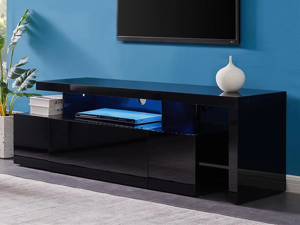 Meuble TV Avec 3 Portes Et 2 Niches - Avec Leds - MDF Laqué - Noir - BANON – Image 2