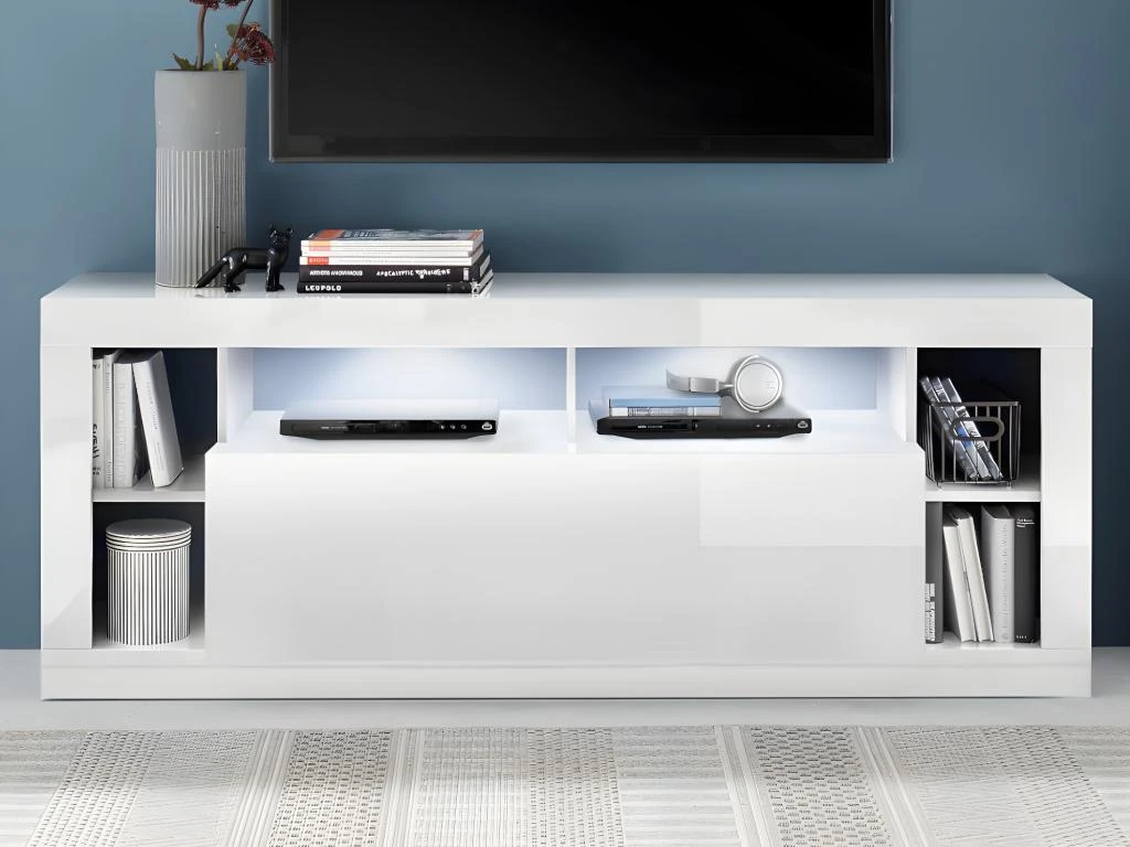 Meuble TV - 1 Porte Et 6 Niches - Avec LEDs - Blanc Laqué - BALKA – Image 3