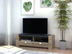 Meuble TV METEORITE - 2 Niches & 2 Tiroirs - MDF Plateau Effet Granite