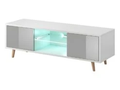 Meuble TV Design PARIS-HIT 140 Cm, 2 Portes Et 2 Niches, Coloris Blanc Et Gris + LED